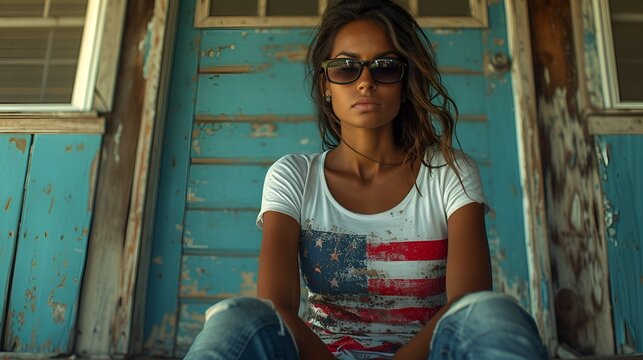 African-American model - blue barnwood background - blue barnwood t-shirt - patriotic - sunglasses - stylish - fashion shoot 