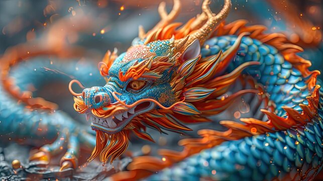 Vibrant Asian Dragon Illustration in Bold Colors with Mystic Fire Sparks