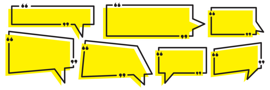 Quote box frame set. Blank quote boxes for text. Quotation bubble frame template with yellow background. Quote text in speech bubble. Quote bubble testimonial banners. Text in brackets. 11:11
