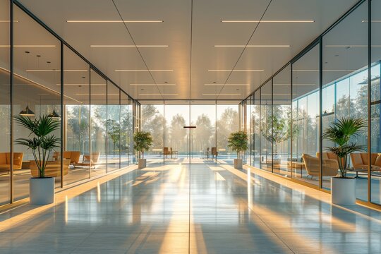 A luxurious lobby with floor-to-ceiling glass windows, bathing the interior in soft evening light, highlighting serene sophistication