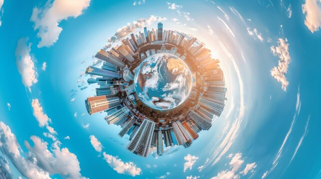 tiny planet in blue sky with clouds in city center near modern skyscrapers in residential complex. Transformation of spherical 360 panorama in abstract aerial view.
