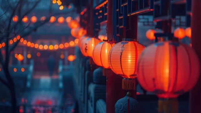 Striking image showcasing red Chinese lanterns elegantly hanging in a traditional setting, symbolizing celebration and culture