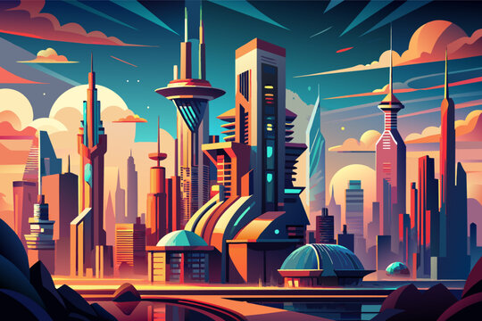 Colorful illustration of a futuristic cityscape at sunset, featuring stylized skyscrapers with glowing windows and sleek, modern design elements.