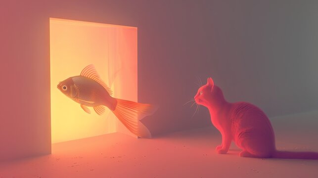 Imaginative 3D render of a fish and a cat positioned as if communicating, set in a minimalist style room with soft lighting to enhance the fantasy element
