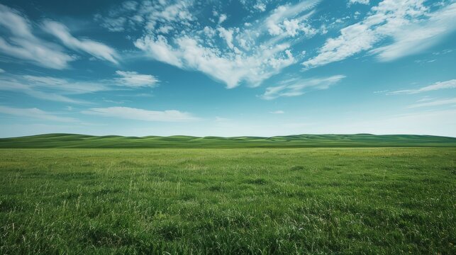 Vast green grassland under blue sky and white clouds