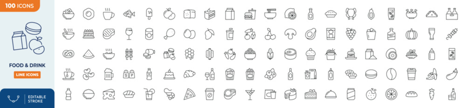 food and drink line editable icon set. doos & drink icons Pixel perfect. contains icon designs for various foods and drinks