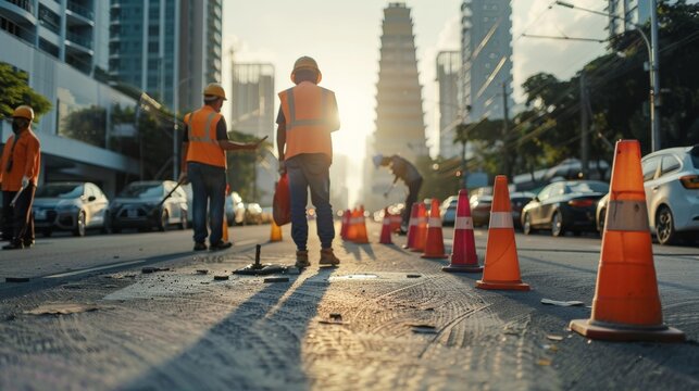 Road construction crew working on a busy street