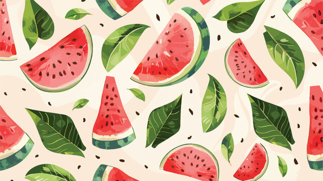 Watermelon fresh fruit slice with leafs pattern vector