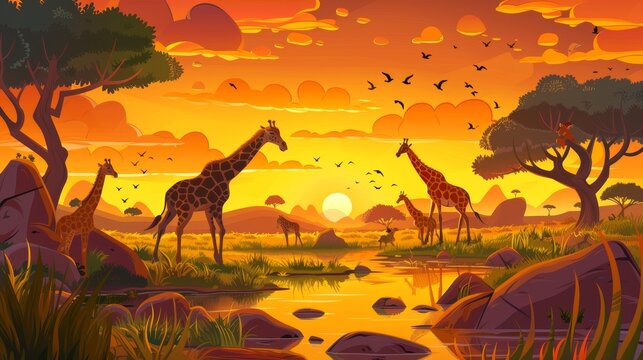 Wild nature of Africa, Kenya with green trees, rocks and grassland field at dusk is portrayed in this cartoon modern illustration of a savannah landscape with giraffes walking to a river at sunset.