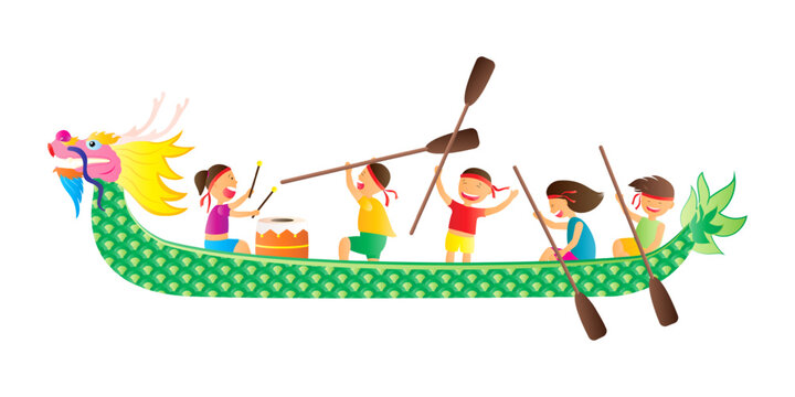 Vector illustration of kids in dragon boat on transparent background