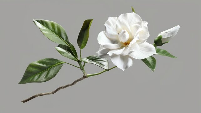Isolated white gardenia flower with stem and leaves on a gray background