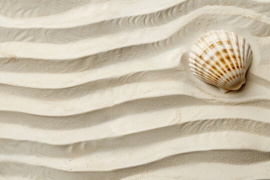 Detailed texture of beach sand with a single seashell, minimalist design in soft beige, ideal for elegant background templates