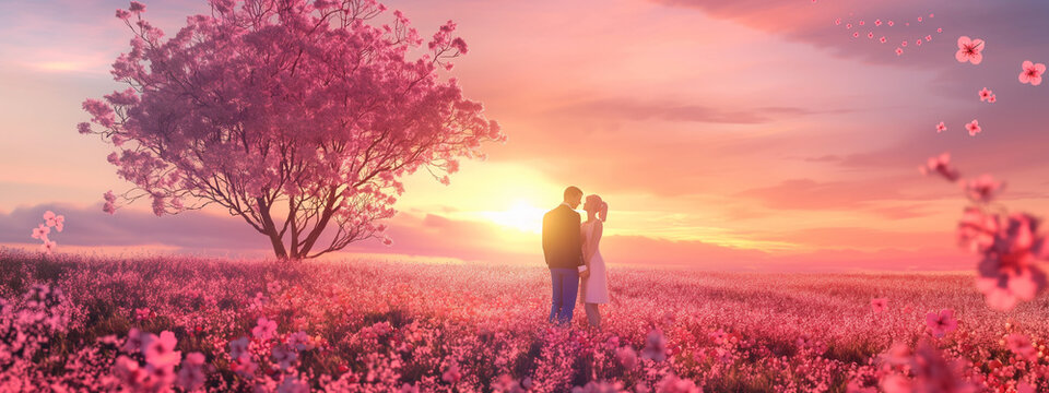 there is a man and woman standing in a field of flowers