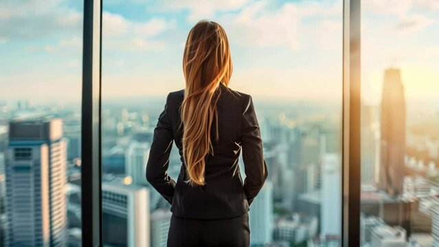 Successful business woman looking thoughtfully out of an office window, back view. Businesswoman watching cityscape from skyscraper in sunrise