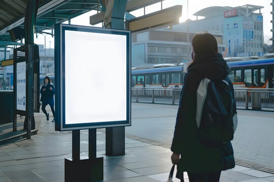 Clear Billboard in public place with blank copy space screen for advertising or promotional poster content, empty mock up Lightbox for information, blank display in station area with d. Generative Ai.