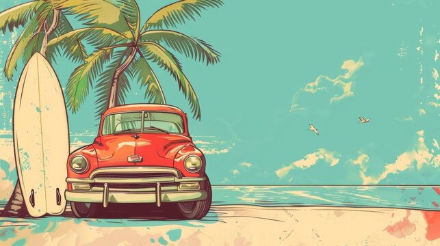 cartoon illustration of vintage red car on the beach and surfboard with copy space, summer themed advertising decoration card poster banner design