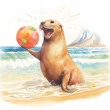 A delighted seal balances a colorful beach ball with ocean waves and distant mountains behind, in this vibrant watercolor beach scene.