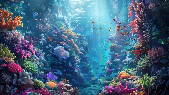 A surreal underwater world teeming with colorful coral reefs and exotic sea creatures. 