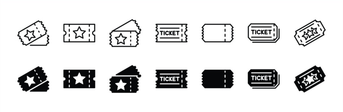 Ticket thin line icon set. Containing raffle, cinema, coupon, vouchers, token, discount, vacation, shopping. Ticket of event, movie, theatre, entry, travel, show, concert, and tournament. Vector