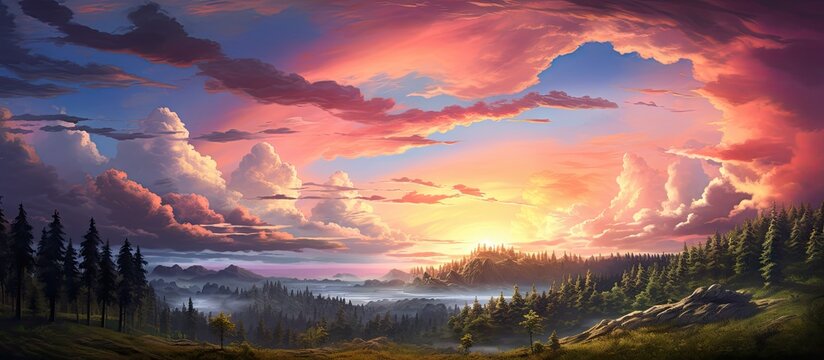 A picturesque panoramic scenery with a sunset sky filled with glowing pink and golden clouds after a storm The forest and tree silhouettes create a dramatic cloudscape evoking a sense of peace and he