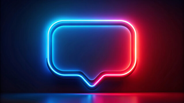 The speech bubble neon light emits glowing shades of blue and red against a dark background. The bright colours are slightly reflected on the glossy surface underneath, with a copy space.AI generated.