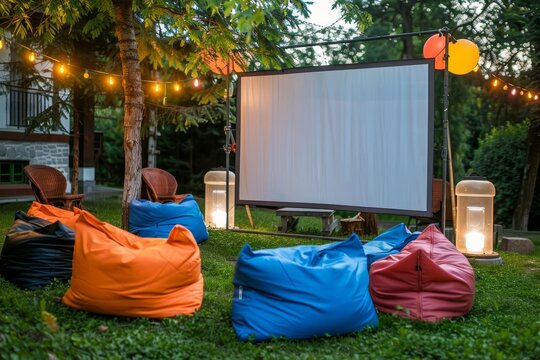 outdoor cinema setup with large movie screen and colorful bean bags twilight summer evening