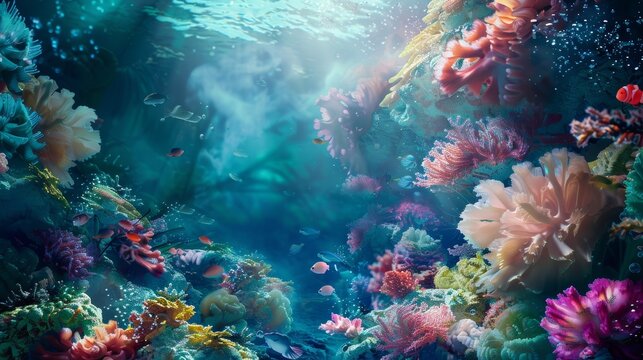 Abstract underwater world with coral reefs and vibrant blues and greens