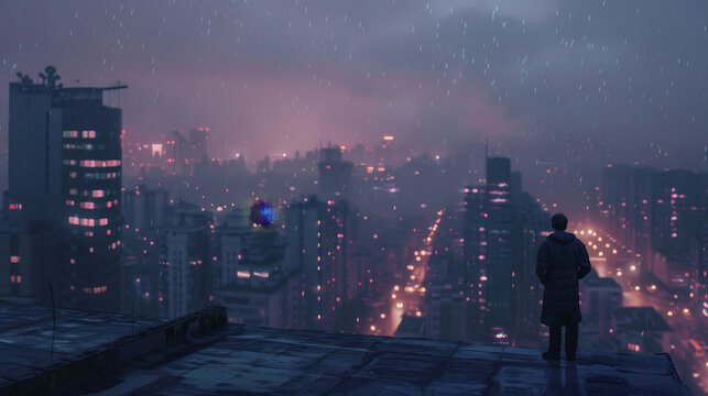 Man overlooking cityscape on rainy night - Silhouetted figure of a man standing on a rooftop, with a rainy cityscape in the background at night