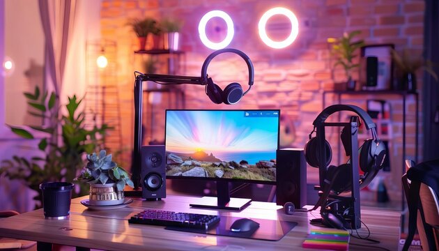 An influencer s desk setup with a ring light, smartphone mount, and a stylish backdrop for video blogging