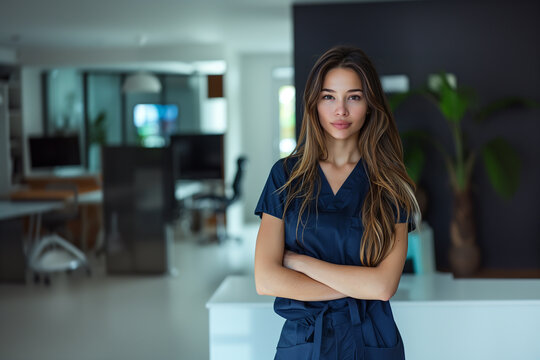 Professional portrait of a confident young Latin female doctor in teal medical scrubs, smiling gently in a bright, modern healthcare facility.
