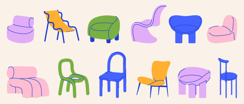 Danish design chairs vector flat illustration set. Midcentury style interior armchairs. Scandinavian couch for room