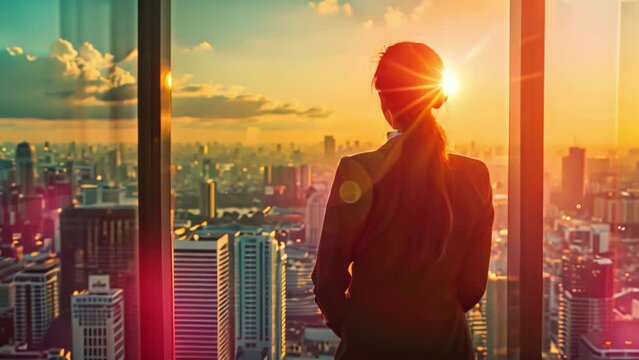 Successful business woman looking thoughtfully out of an office window at sunset. Businesswoman watching cityscape from skyscraper, back view