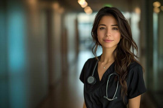 Chic portrait of a confident young Latin female doctor in teal medical scrubs, smiling gently in a bright, modern healthcare facility.