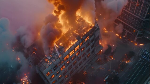 aerial view of office building fire, 4k animation video