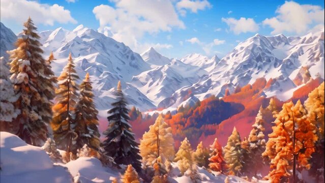 view of snowy mountains with colorful trees in autumn
