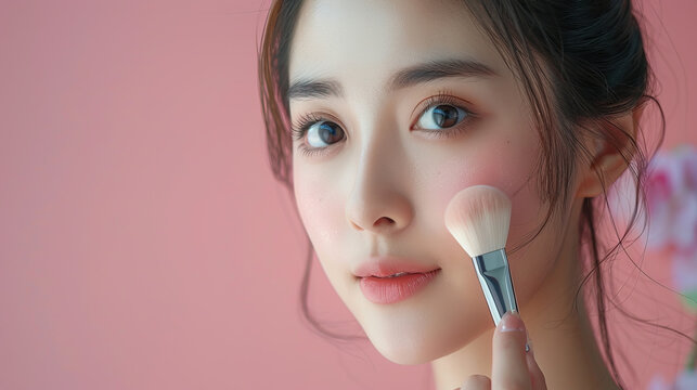 closeup of korean woman or fashion model doing her makeup with makeup brush , beauty salon concept, makeup parlour, cosmetic concept, 