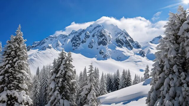 Beautiful landscape of snow mountain with forest background.