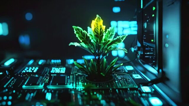In this AI-generated video, witness a tree emerging from the convergence of a computer circuit board, embodying the principles of green computing, technology, IT, CSR, and IT ethics
