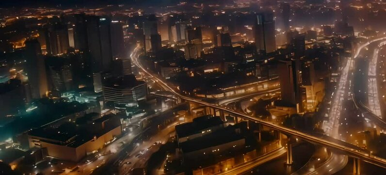aerial view of a cityscape at night, illuminated by the warm glow of traffic on the highways
