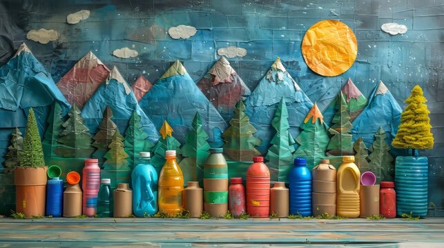 Colorful recycled plastic bottles arranged to create an artistic landscape with mountains, trees, and a sun.