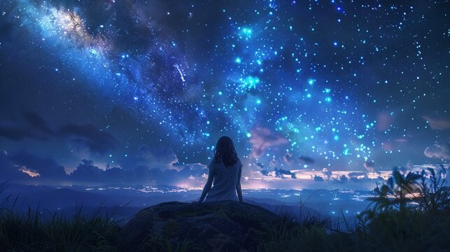 A woman is sitting on a rock in the middle of a starry sky