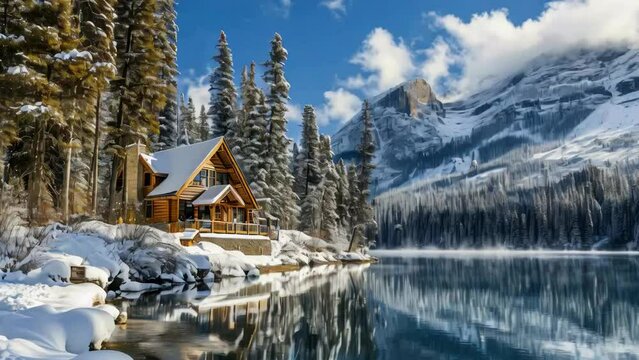 A cabin is surrounded by snow and trees, with a lake in the background. The scene is peaceful and serene, with the cabin providing a cozy retreat from the cold winter weather