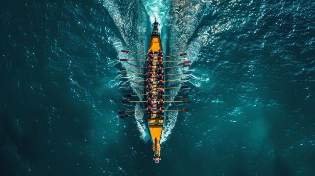 Aerial view captures dynamic rowing team in dragon boat chinese racing across calm waters