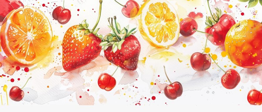 Watercolor clipart captures a whimsical scene where strawberries and peaches bask under a summer sun, framed by cherry and orange slices