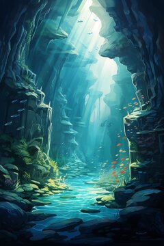 Mystical underwater world with glowing plants and rocks.