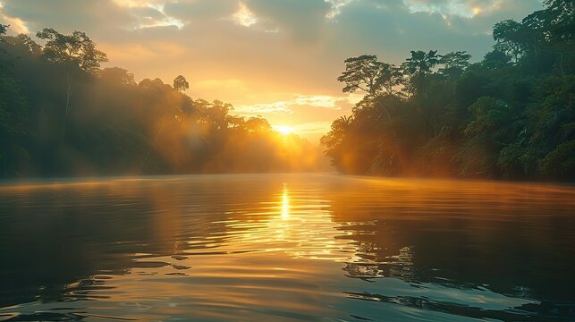 tropical river flow through the jungle forest at sunset or sunrise amazon river flowing in rainforest.illustration stock image