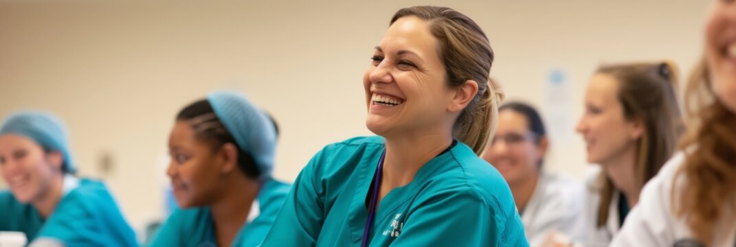 在医院教室的研讨会上，面带温暖笑容的护士与同事互动