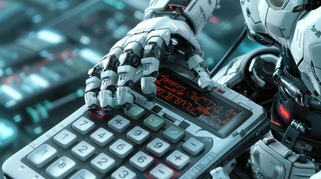 Robot hand using a calculator for technology or business themed designs