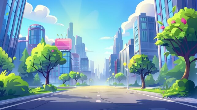 Animated modern cartoon cityscape with alleyway, street, park, and skyscrapers on horizon. Modern animated cityscape with empty street lane.