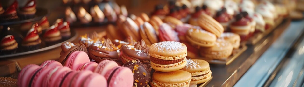 A highangle shot of a French patisserie with an array of delicate macarons and eclairs, with soft natural light highlighting the display